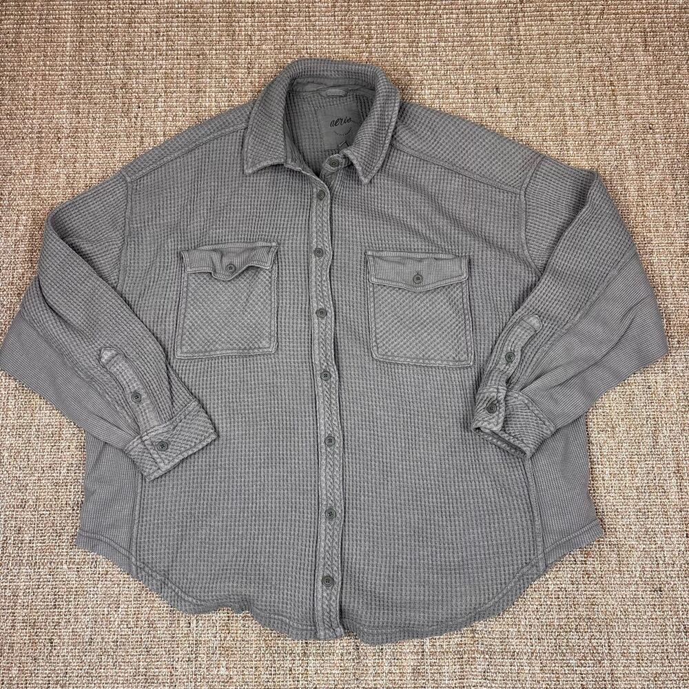 🧥 Aerie Lumberjane Waffle Knit Shacket | S/P | Grayish Green | Oversized Fit